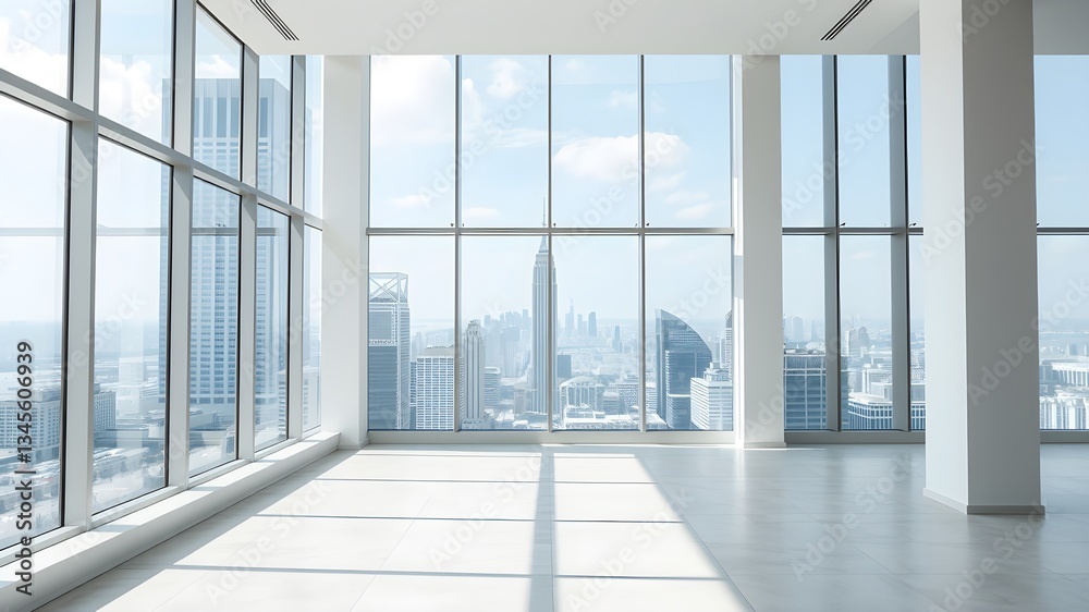 Fototapeta premium empty open plan interior with large windows with megalopolis view with a whitish white tone