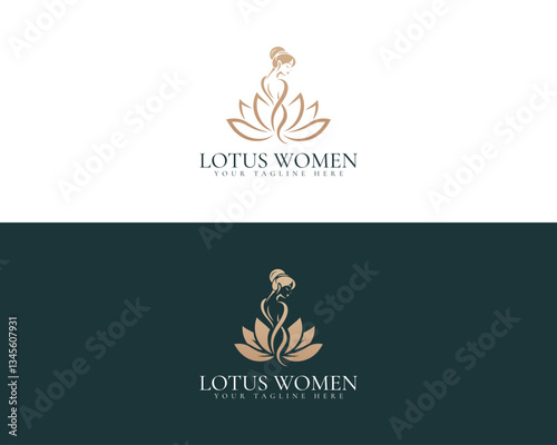 Feminine Lotus Woman Logo. A Beautiful Symbol of Yoga, Feminine Strength, Wellness and Empowerment Brands.