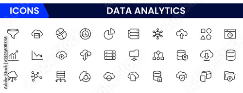 Data analytics web icons set in thin line design. Pack of database, big data process, ai, monitoring, traffic, hosting service, optimization, backup, chart and other. Vector outline stroke icon design