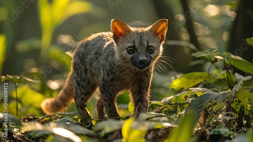 Striking Malabar Civet moving stealthily through the lush Western Ghats its sleek fur glowing under the dappled sunlight photo