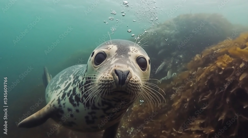 Fototapeta premium Underwater close-up of a curious seal pup swimming near kelp forest.