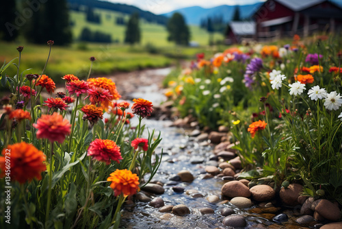 enchanting allure of a babbling brook nestled amidst a bucolic meadow, adorned with vibrant wildflowers, invoking a profound serenity and seclusion