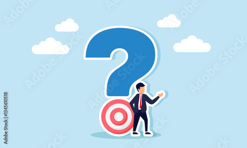 A businessman stands next to a question mark with a target board at the bottom, illustration of questioning business targets