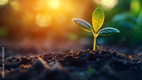 A young sprout bathed in golden morning sunlight, stretching towards the sky, moist soil beneath it, soft mist in the air, cinematic nature shot, high-definition botanical detail,