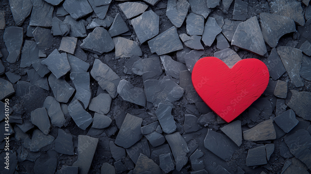 Obraz premium Love amidst the stones: A vibrant red heart rests against a backdrop of cool gray stones, the contrast enhancing the depth of the image.