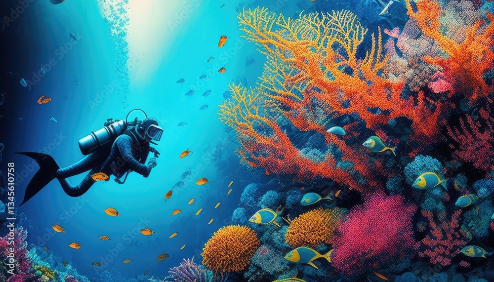 Fototapeta premium Underwater diver exploring vibrant coral reef