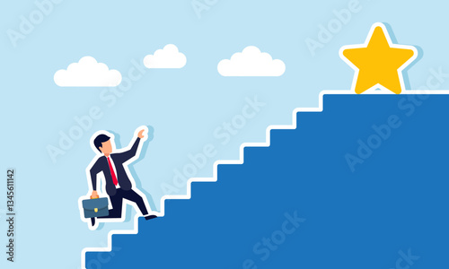 A businessman runs up the stairs to reach a star at the top, illustration of efforts to improve business product and service quality