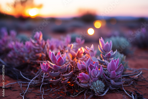 ethereal ambiance of desert at twilight, as final tendrils of sunlight caress horizon, imbuing it with a and fervent radiance photo