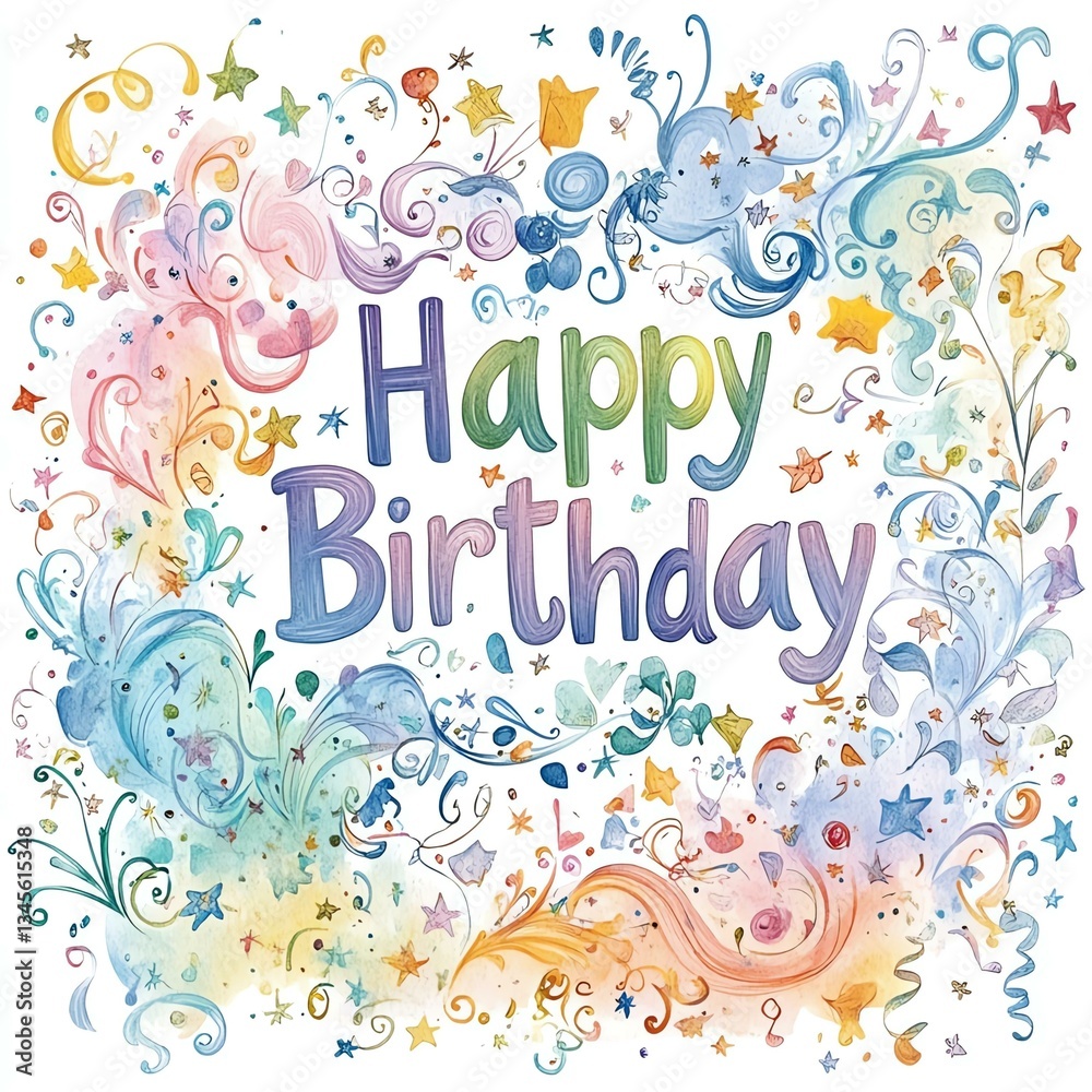 Fototapeta premium A colorful illustration celebrating a birthday with whimsical designs and cheerful text, perfect for party invitations and cards.