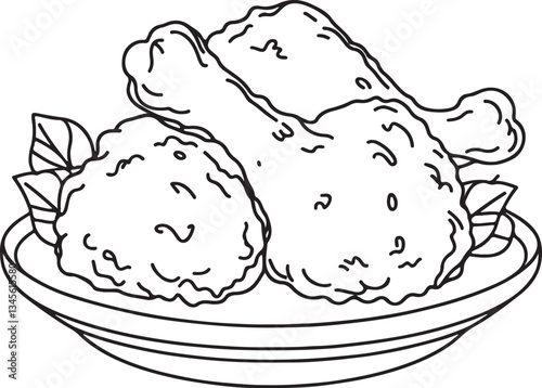 Detailed Line Drawing of Fried Chicken on Plate