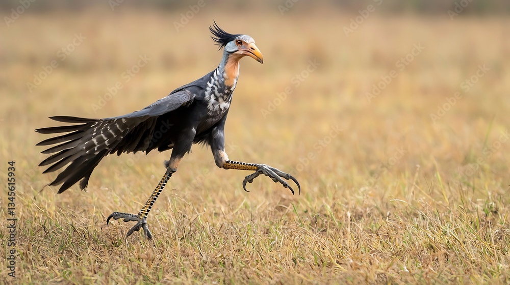 Obraz premium Striking Secretary Bird striding through the African savanna its long legs and sharp talons ready to hunt venomous snakes