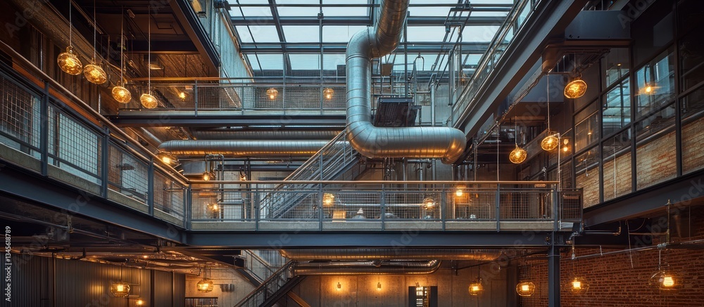 Capturing the Essence of Industrial Design: A Modern and Innovative Architectural Detail with Exposed Pipes and Metalwork, Evoking Innovation and Approachability for Commercial Projects Capturing the Essence of Industrial Design: A Modern and Innovative Architectural Detail with Exposed Pipes and Metalwork, Evoking Innovation and Approachability for Commercial Projects