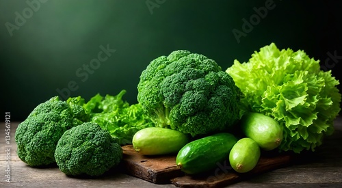 Fresh green broccoli, an organic vegetable, rests on a wooden table