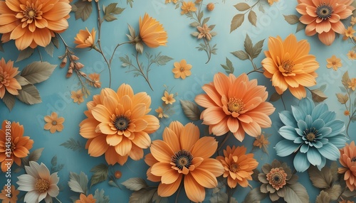 Vintage Floral Wallpaper with Soft Orange and Blue Pastel Tones