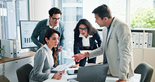 Papier peint Paperwork, laptop or business people with shareholders in discussion for planning and capital growth