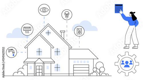 Smart house with automation symbols for surveillance, lighting, appliances, and water control. Woman using a tablet. Ideal for technology, home, IoT, efficiency innovation convenience