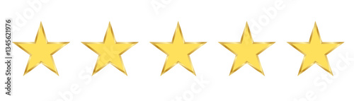 Set of five stars gold metal icon, rating customer product review award icon.