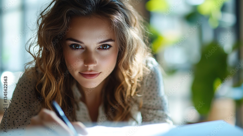 The writing of a focused businesswoman on a transparent The writing of a focused businesswoman on a transparent