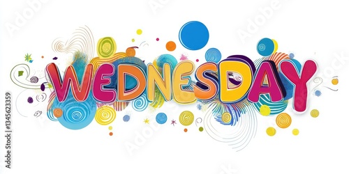 Colorful Wednesday typography design with swirls and circles.