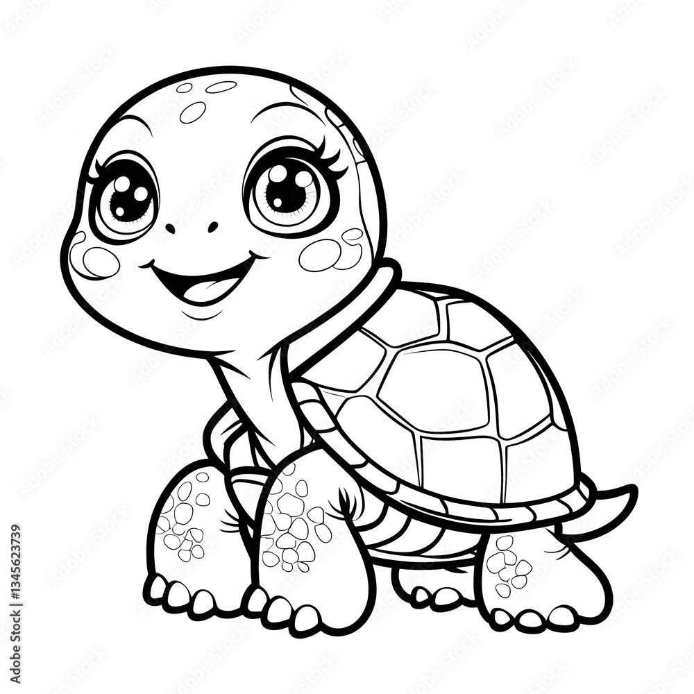 Fototapeta premium Enjoy the charm of this kawaii turtle coloring page, designed for a fun and relaxing coloring experience. This adorable turtle features big, sparkling eyes, a friendly smile, and a cute round shell