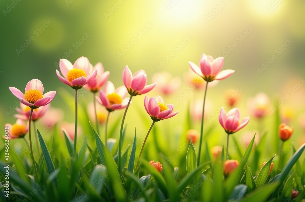 A field of pink tulips in the sunlight A field of pink tulips in the sunlight
