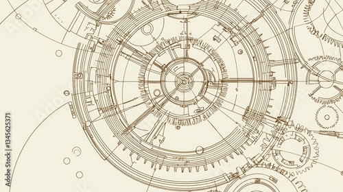 Intricate gears and mechanical design showcasing complex machinery components in a precise blueprint style