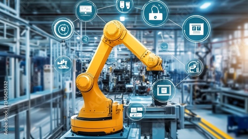 A Powerful Yellow Robotic Arm Orchestrates A Futuristic Factory Floor, Showcasing Advanced Automation And Seamless Integration With Digital Technology In A Dynamic Industrial Setting