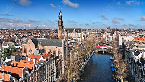 Photography Amsterdam city center aerial view skyscape from above, historic buildings, dutch