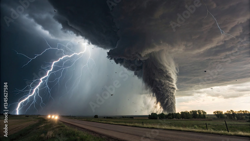 A storm chaser stares into the heart of a colossal tornado, capturing nature’s raw power and human insignificance in the face of the unknown.