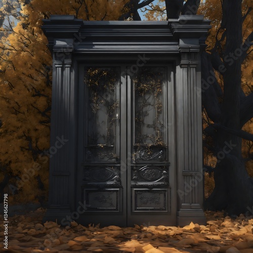 Gothic castle entrance, large wooden doors with iron details, surrounded by thick vines and twisted branches.