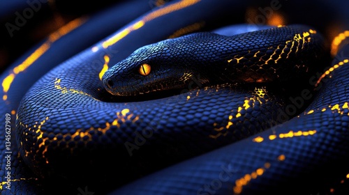 Luminous Black Snake with Golden Scales in an Artistic Setting