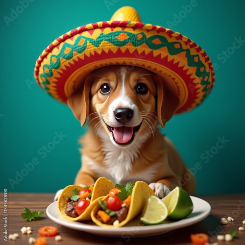 A playful pup dons a sombrero, adding a touch of whimsy to its taco feast