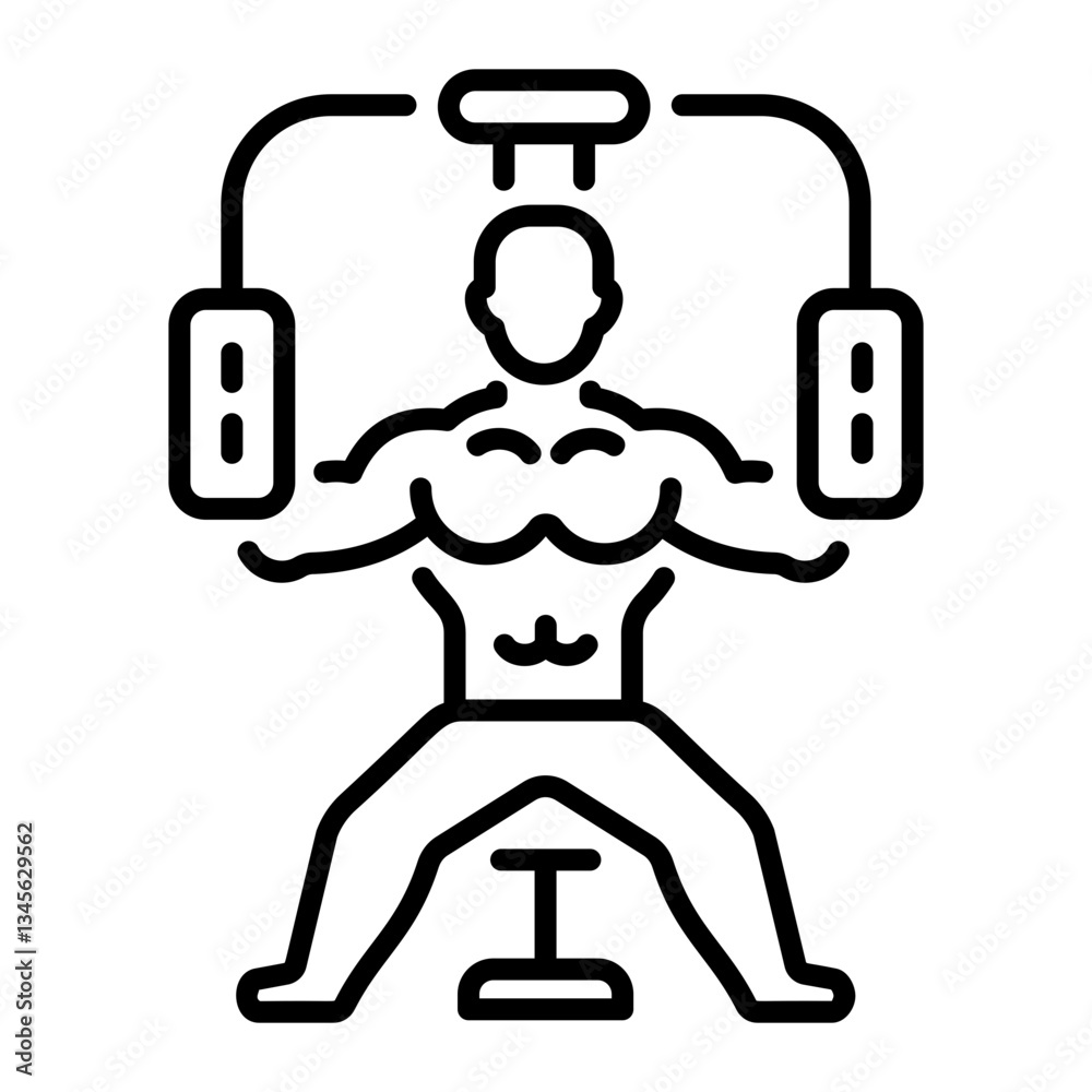 A gym character doing exercise on butterfly machine, line style icon A gym character doing exercise on butterfly machine, line style icon
