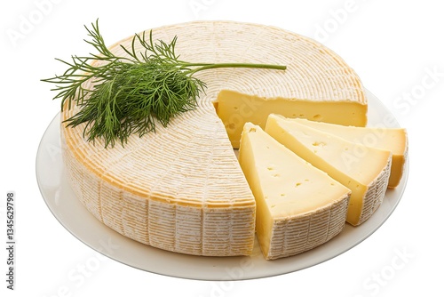 A photo of a round wheel of creamy, pale yellow cheese