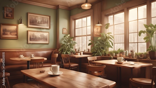 Sunlight streams through large windows illuminating a quaint vintage cafe, filled wooden tables, comfortable seating, potted plants.