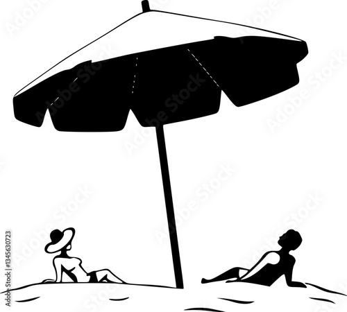 People sunbathing on the sand in a monochrome black and white illustration of a beach scene with relaxation and leisure activities for summertime vacation and travel concepts