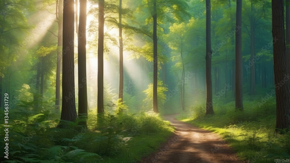 Obraz premium A serene forest scene featuring a pathway lined with tall trees,