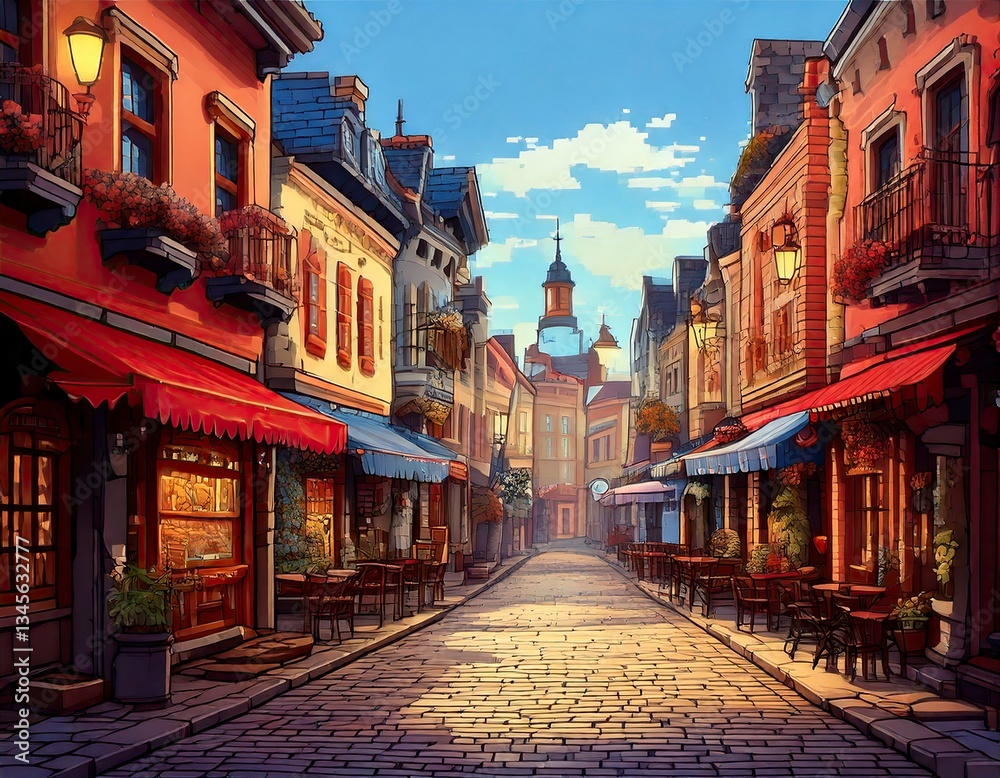 Fototapeta premium A charming cobblestone street lined with quaint shops and cafes bathed in warm sunlight