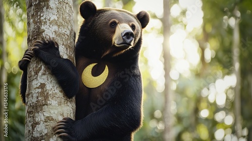 Striking sun bear climbing a tall tree in the humid jungles of Borneo its golden crescent shaped chest marking glowing in the sunlight