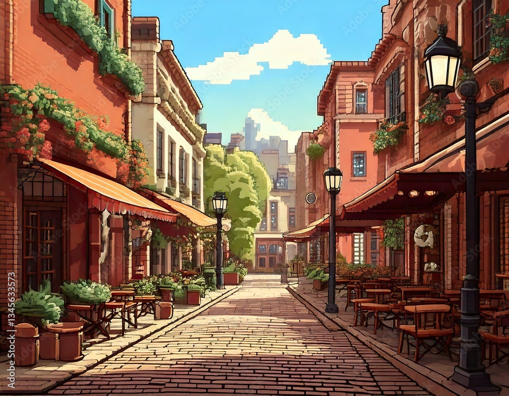 Fototapeta premium A sun drenched cobblestone street lined with charming cafes and vibrant flower boxes