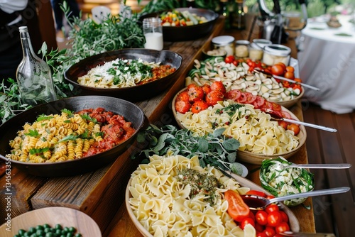 A Wedding Reception Buffet Featuring a Pasta Station with a Variety of Sauces and Fresh Ingredients