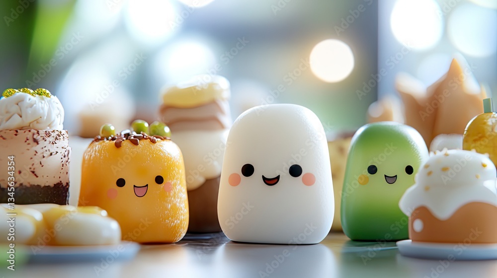 Adorable kawaii-style food characters, including a smiling white mochi, yellow dessert, green treat, and other pastries, arranged on a table. Adorable kawaii-style food characters, including a smiling white mochi, yellow dessert, green treat, and other pastries, arranged on a table.