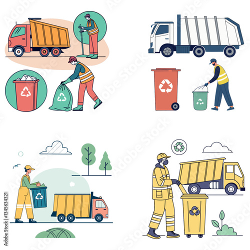 Trash utility, disposal and recycling concept set Vector illustration. Waste collector worker, recycling trash bin and garbage truck collection. 