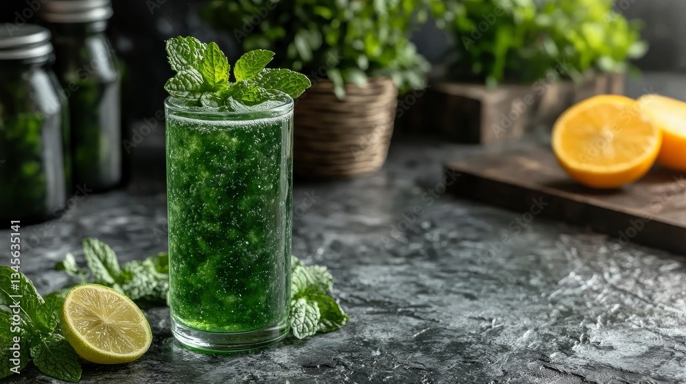 Fototapeta premium Refreshing Green Mint Soda with Lime and Orange Slices
