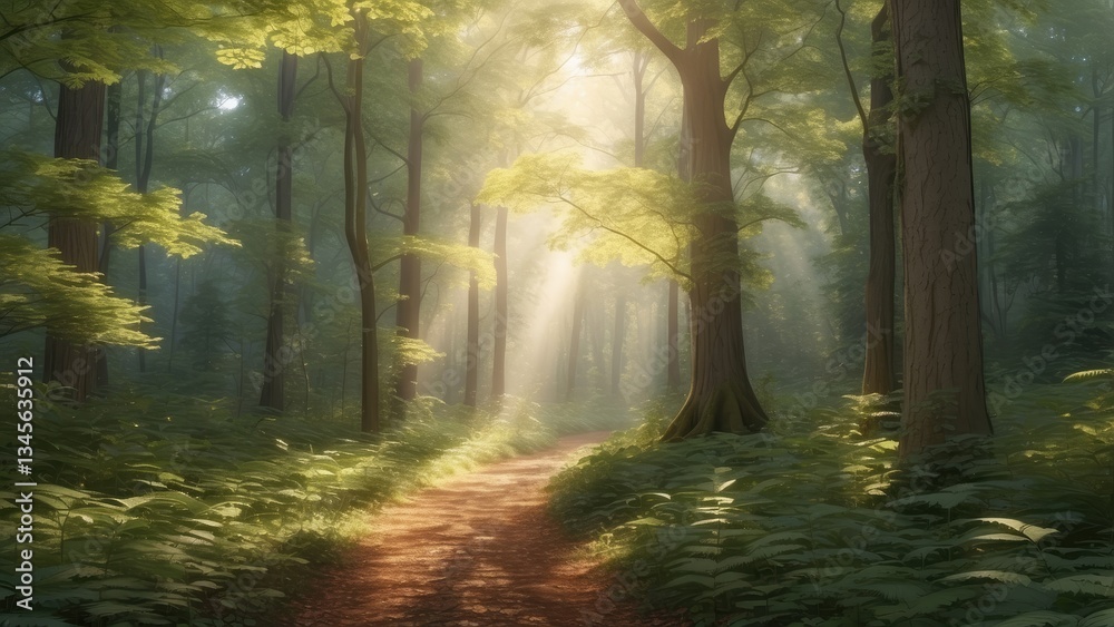 Obraz premium A serene forest scene featuring a pathway lined with tall trees,