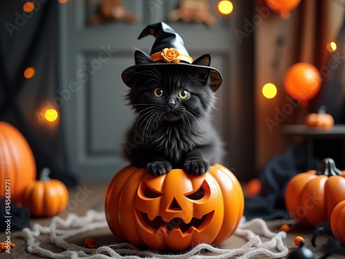 A black cat sits atop a jack-o'-lantern, its eyes gleaming with mischief