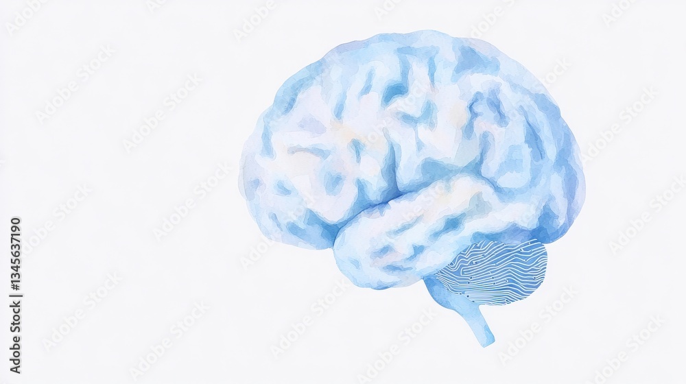 A stunning watercolor illustration of a human brain, showcasing soft colors and delicate details. Ideal for projects related to psychology, art, and education. A stunning watercolor illustration of a human brain, showcasing soft colors and delicate details. Ideal for projects related to psychology, art, and education.