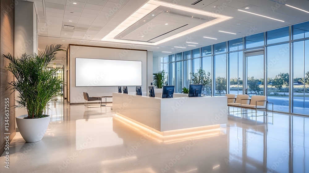 Fototapeta premium A sophisticated corporate reception area with a bold white desk, a large blank poster for company branding, and glass partitions enhancing the open workspace.