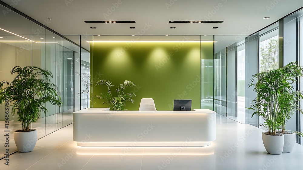 Fototapeta premium A sophisticated office interior with a clean white reception desk, fresh green walls, and glass partitions that create an open, airy atmosphere.