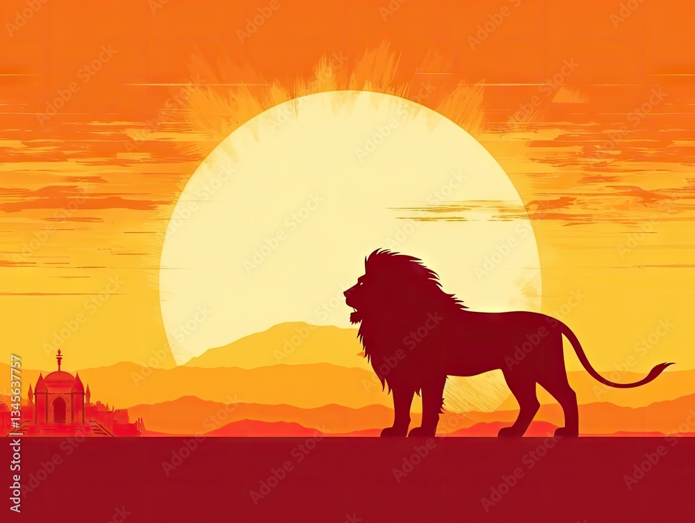 Naklejka premium Majestic lion silhouette at desert sunset
